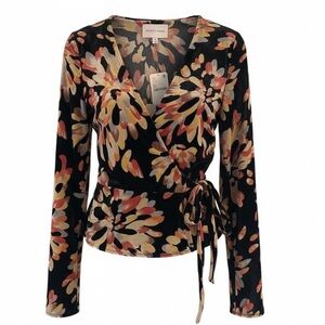 Adelyn Rae Anisse Velvet Wrap Top Black Floral Size XS  NWT